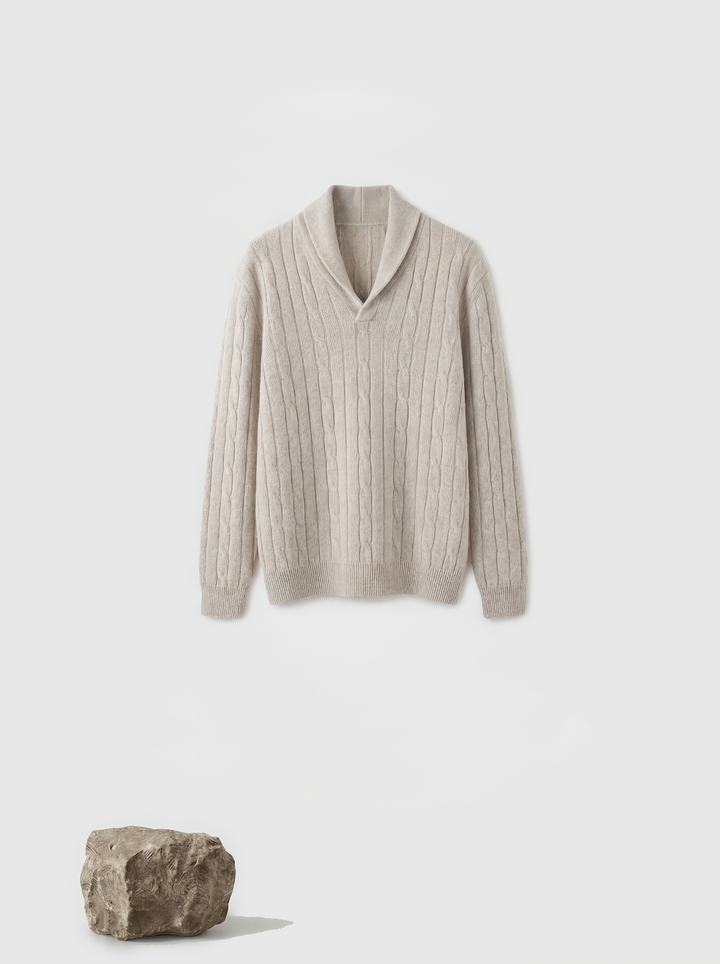 SELVANE Cable-Knit Shawl-Collar Cashmere Sweater in a rich, natural hue, showcasing its vertical rib-and-cable texture and relaxed fit.