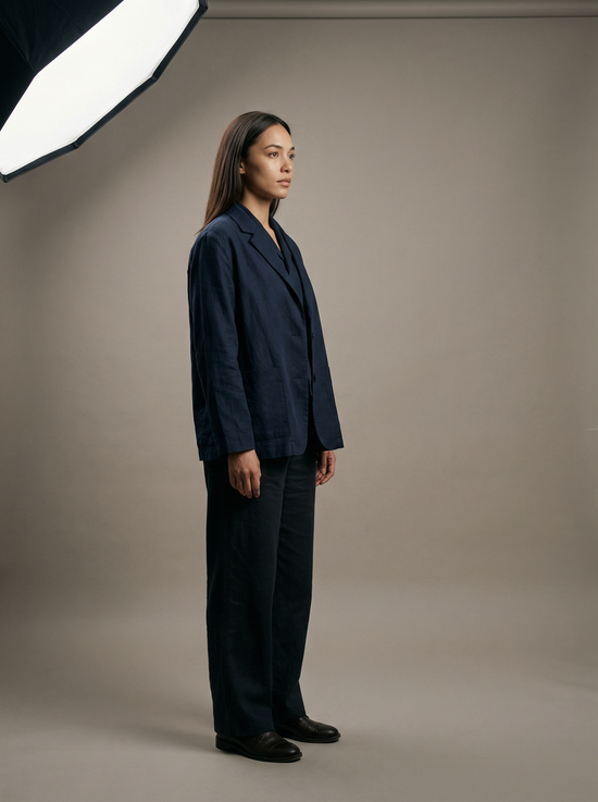 Front view of a SELVANE Cotton-Linen Layered Jacket, showcasing its structured yet fluid silhouette and unique texture.