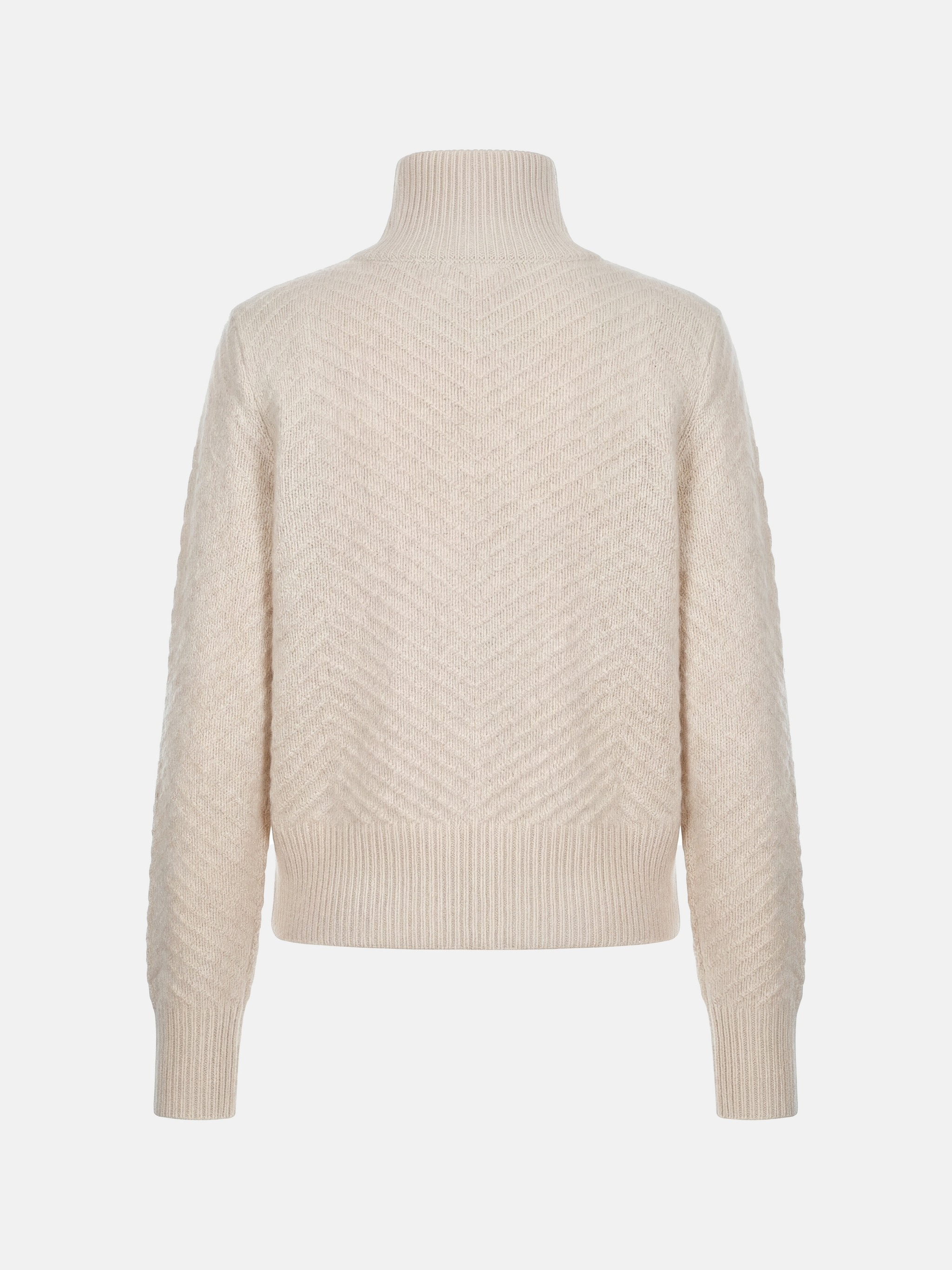 SELVANE herringbone cashmere zip-up cardigan sweater with high ribbed collar, relaxed fit, and chevron knit texture.