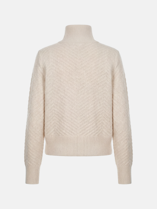 SELVANE herringbone cashmere zip-up cardigan sweater with high ribbed collar, relaxed fit, and chevron knit texture.