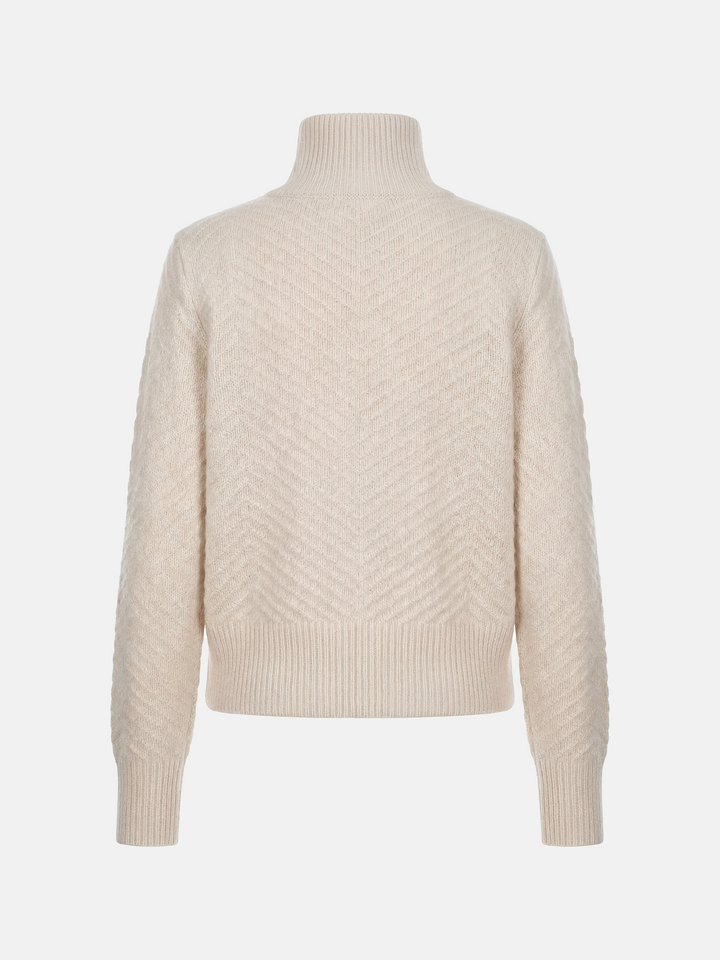 SELVANE herringbone cashmere zip-up cardigan sweater with high ribbed collar, relaxed fit, and chevron knit texture.