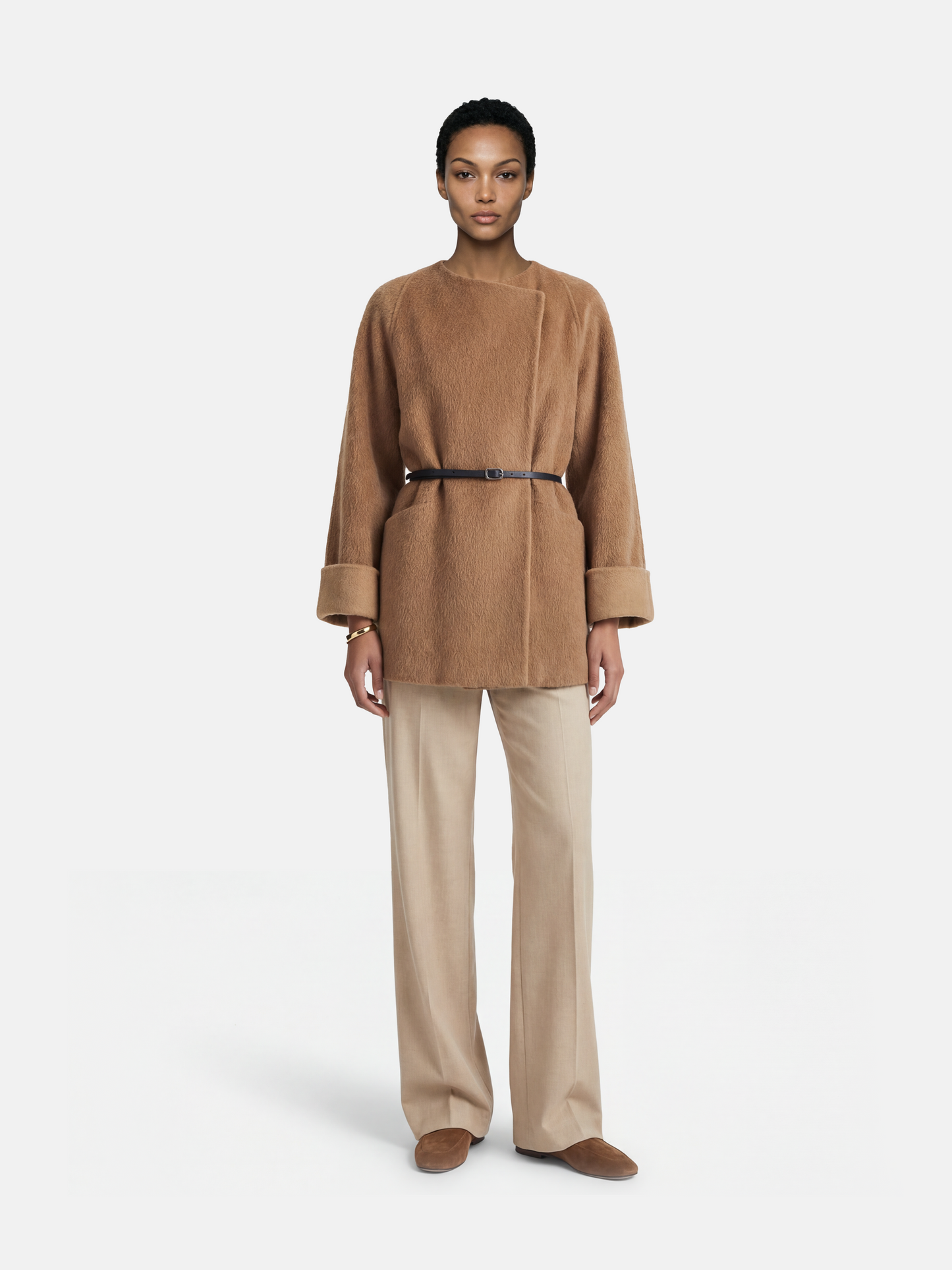 SELVANE Camelhair Collarless Belted Coat, hip-length, with turned-back cuffs, cinched at waist, on a model.