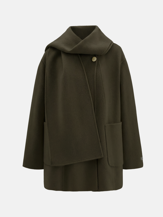 SELVANE Structured Wool Wrap Coat in a neutral tone, featuring a built-in scarf neckline and clean lines, draped elegantly on a figure.