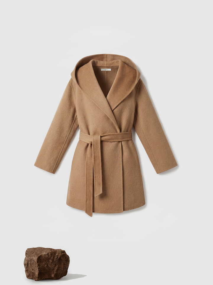 SELVANE mid-length wrap coat in quiet camel pure cashmere, with exaggerated shawl collar and long belt, for elegant motion.