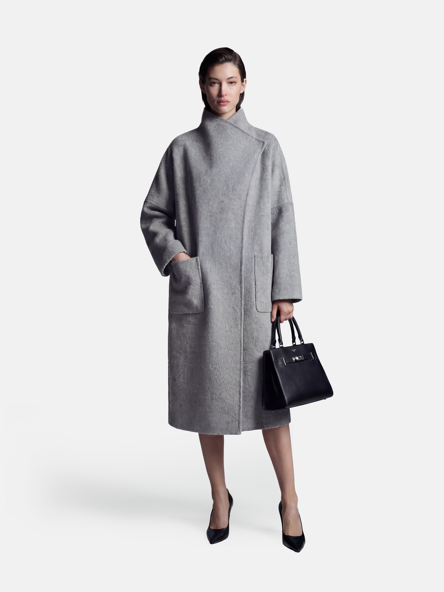 SELVANE Draped Merino Wool Long Coat, open-front, showcasing fluid drape and elongated silhouette on a model.