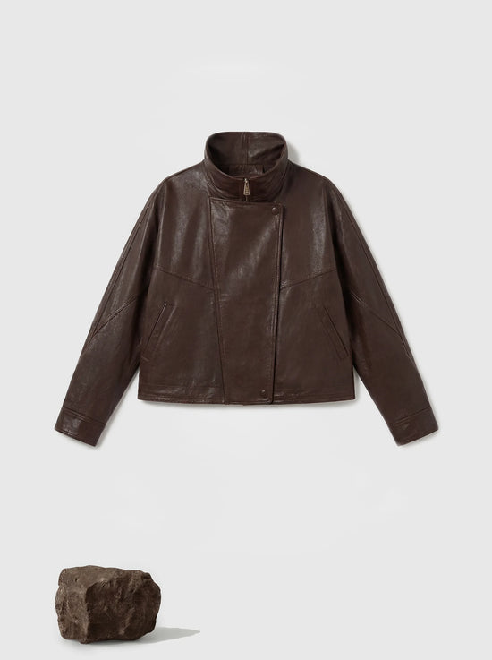 SELVANE Asymmetric Zip-Collar Lambskin Jacket in coffee-toned leather, showcasing its structural lines and urban elegance.