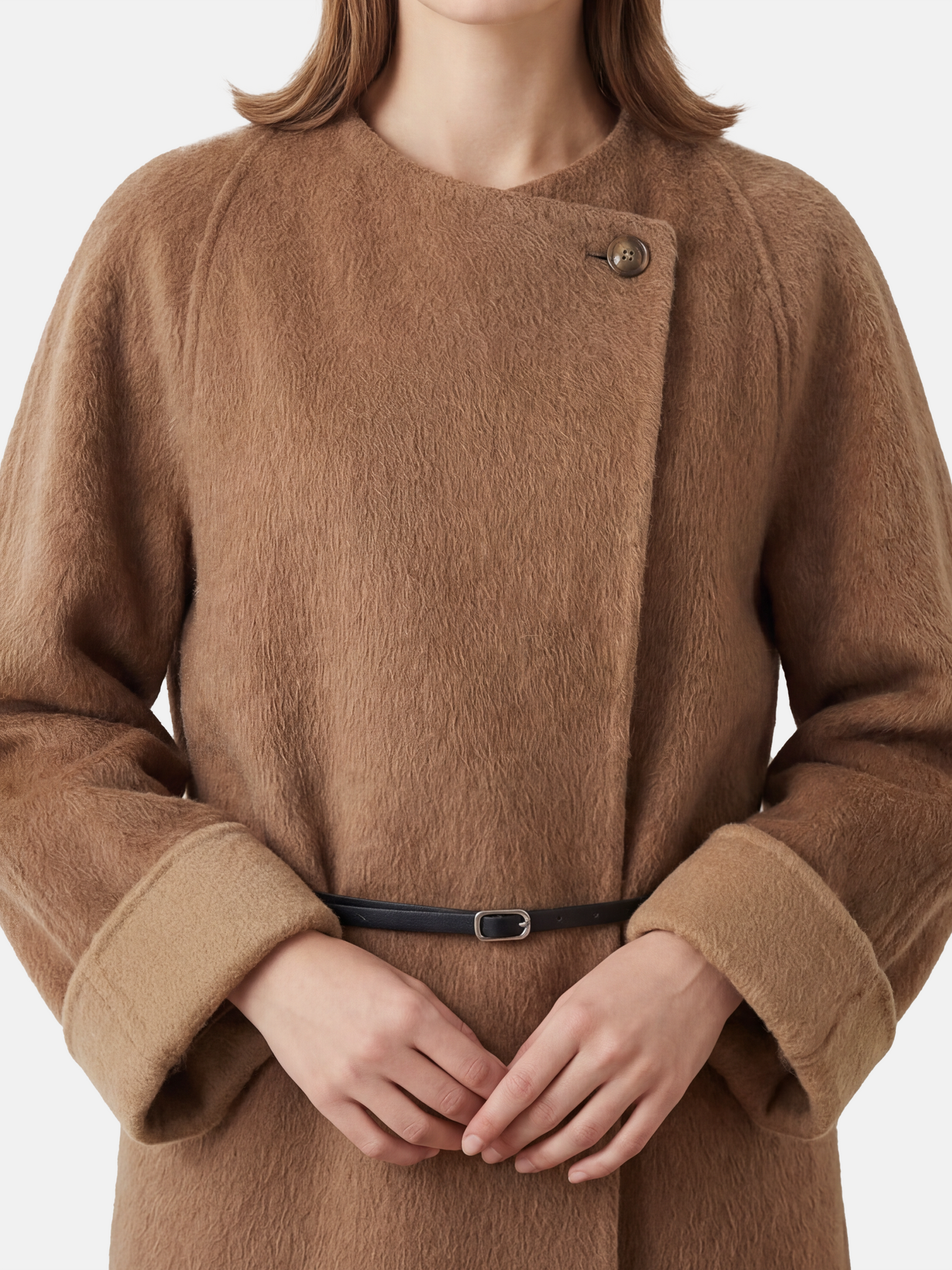 SELVANE Camelhair Collarless Belted Coat, hip-length, with turned-back cuffs, cinched at waist, on a model.