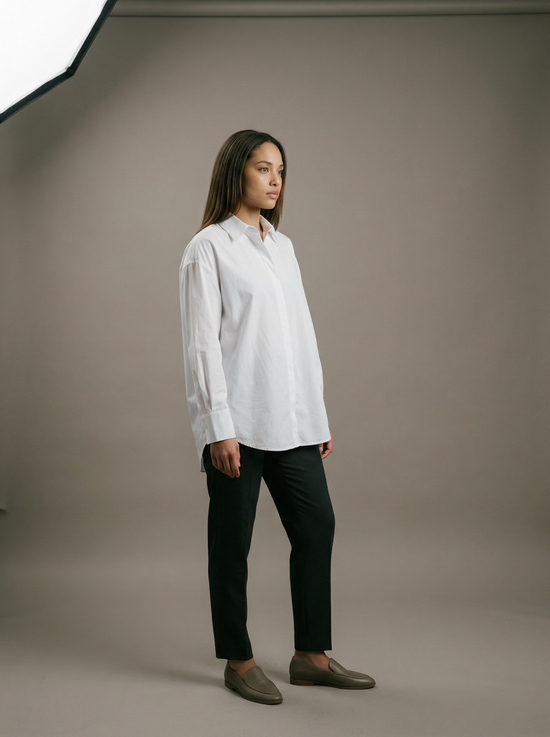 SELVANE men's long-staple cotton poplin shirt in white, showcasing relaxed precision silhouette and fluid drape.