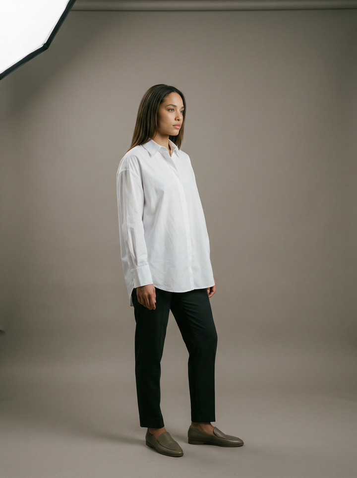 SELVANE men's long-staple cotton poplin shirt in white, showcasing relaxed precision silhouette and fluid drape.