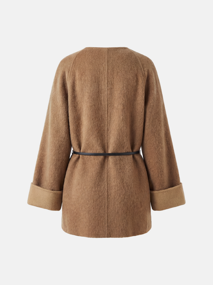 SELVANE Camelhair Collarless Belted Coat, hip-length, with turned-back cuffs, cinched at waist, on a model.