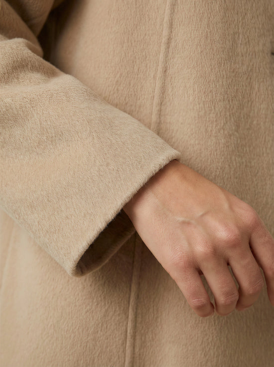 SELVANE Camel Hair Long Coat, featuring a high collar, double-button closure, and elegant straight silhouette.