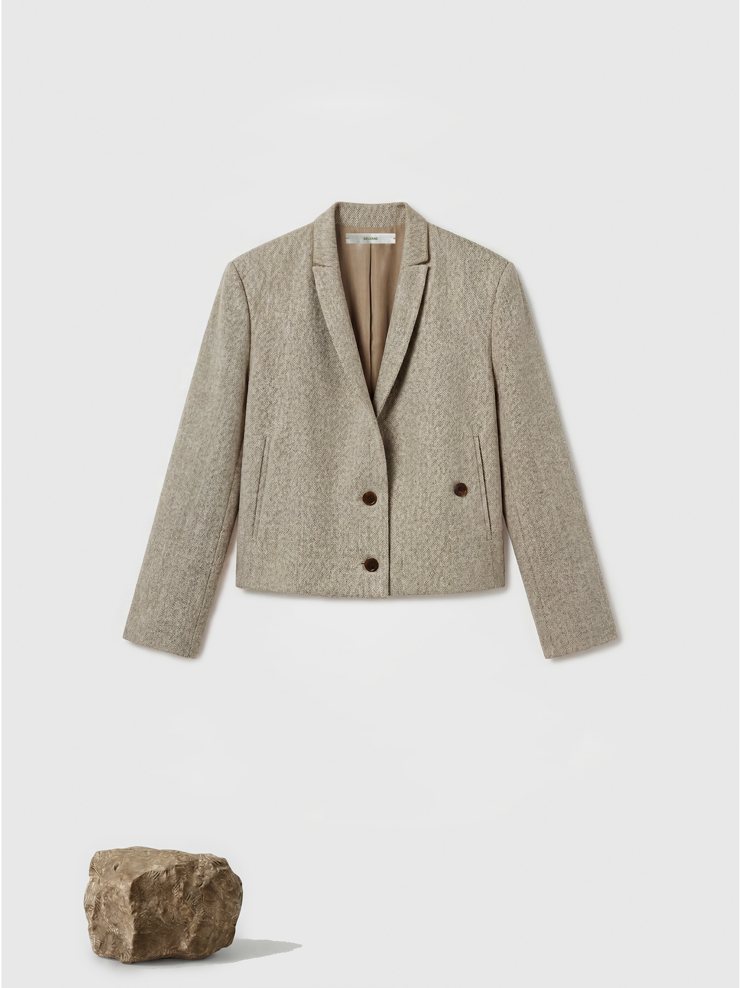 SELVANE Structured V-Neck Tailored Jacket, cropped and boxy with a clean V-neck, tonal contrast collar, and natural horn buttons.
