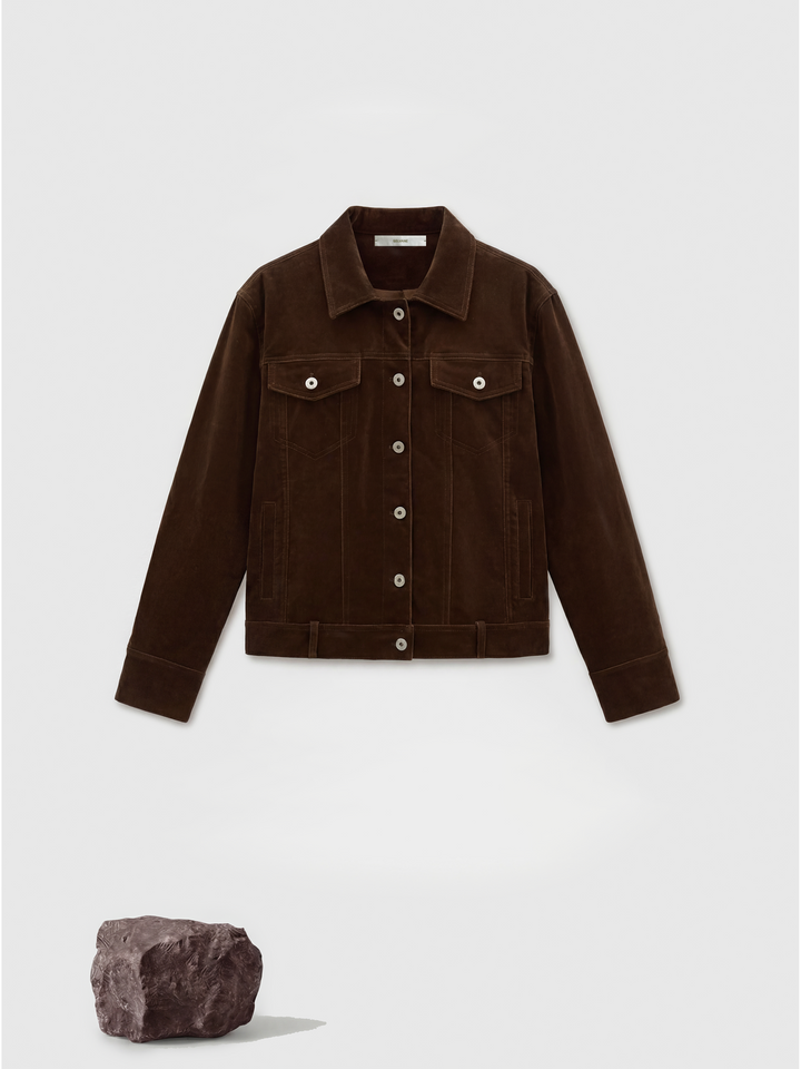 SELVANE Chesnut Shirt Jacket, a cropped suede outerwear piece with clean geometry and a calm, waist-length proportion.