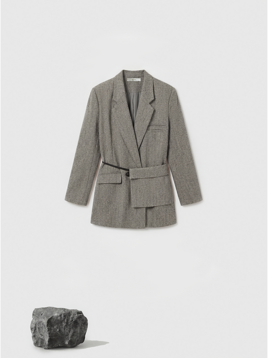 SELVANE heather grey tailored suit set, elongated body, shaped waist with asymmetric belt, on a model.