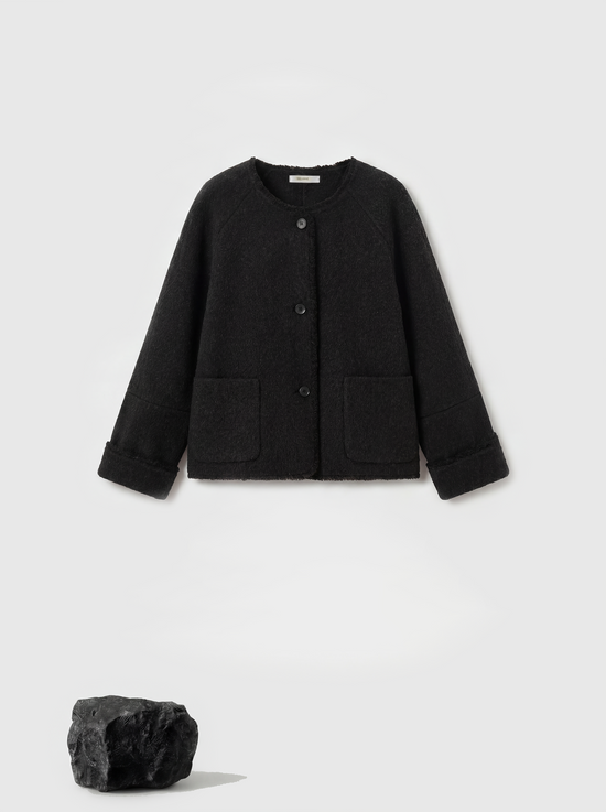 SELVANE Pure Wool Cropped Jacket in a clean round neck, soft boxy lines, and high-hip proportion, showcasing a composed drape.