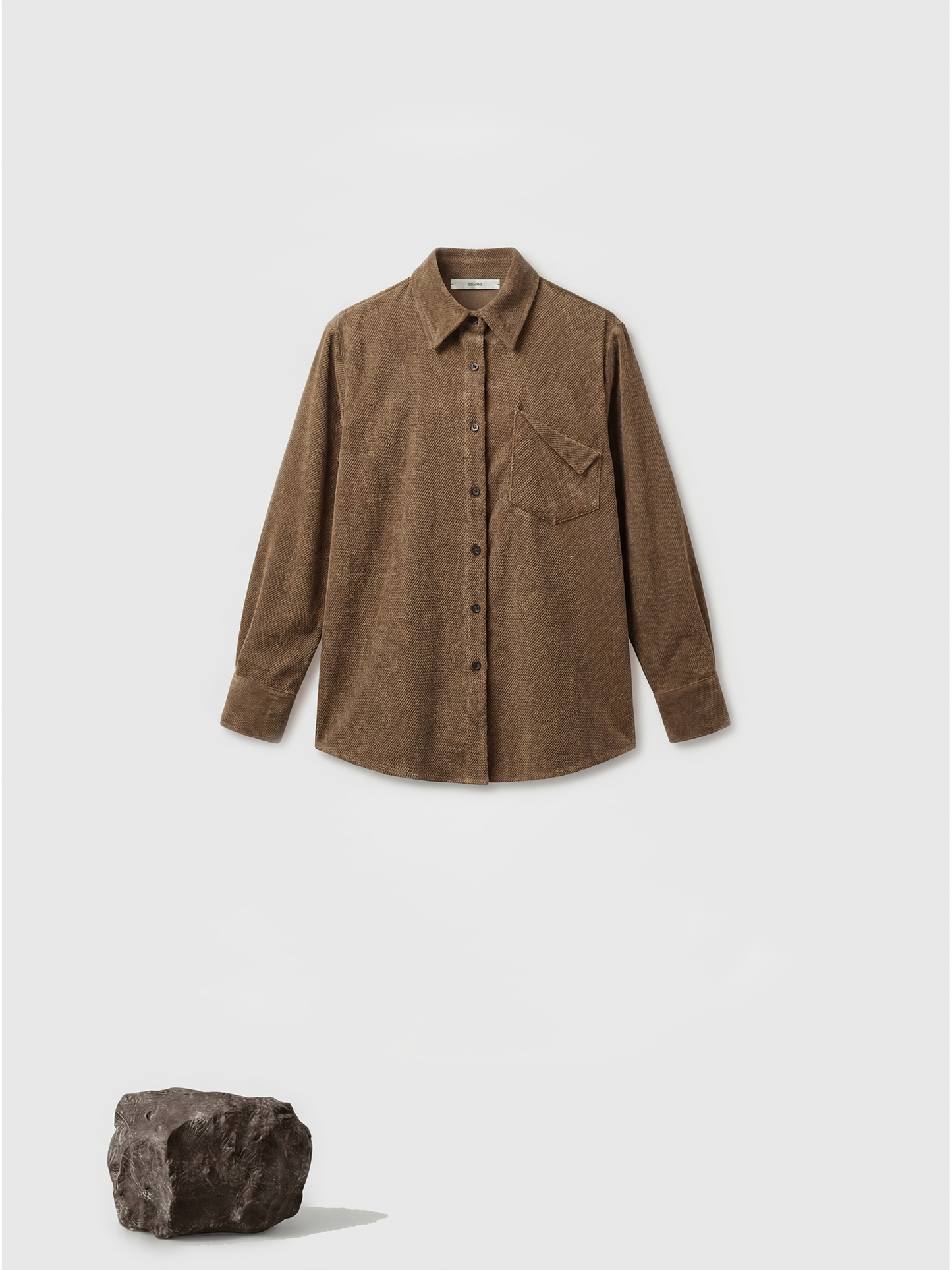 SELVANE khaki textured button-down shirt, tailored with a straight drape and subtle dimensional weave, featuring mother-of-pearl buttons.