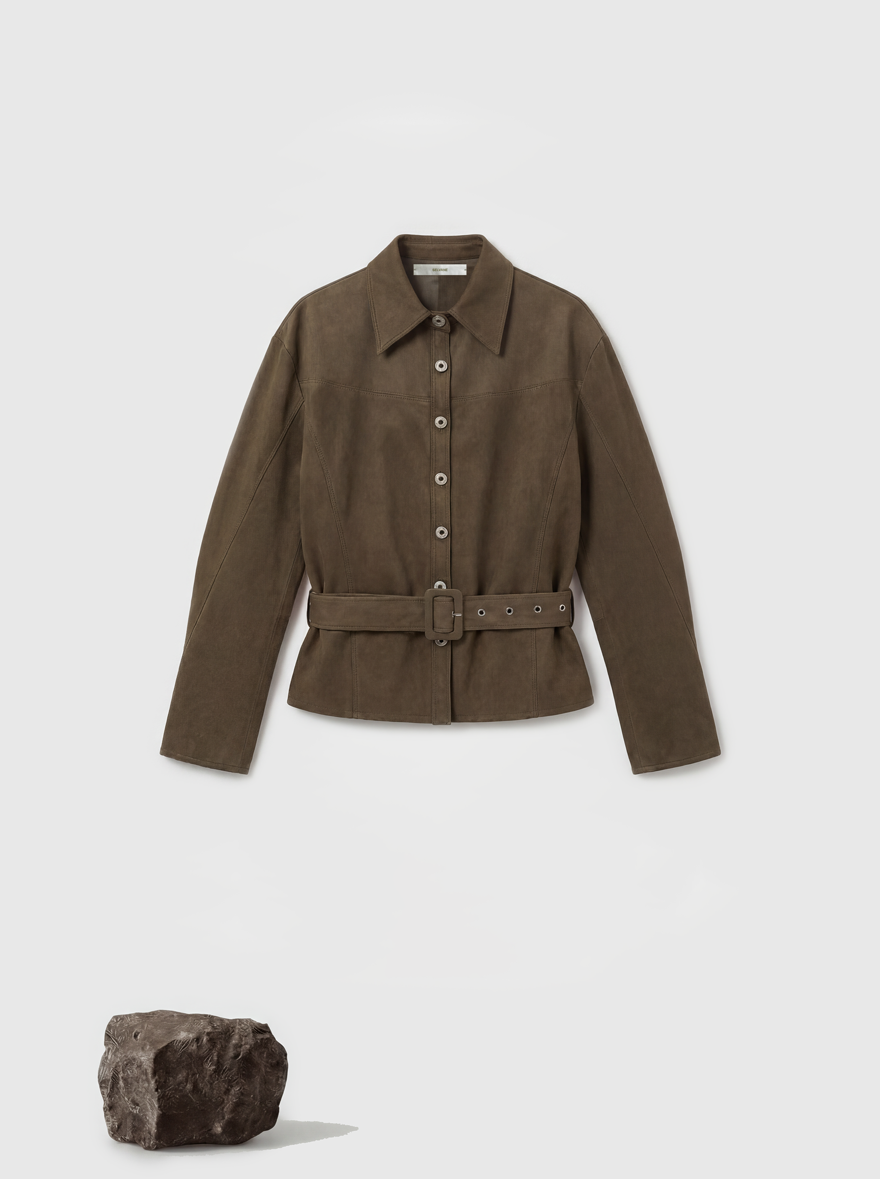 SELVANE Khaki Belted Shirt Jacket, relaxed fit, soft suede-like fabric, with extended cuffs and a defining waist belt.
