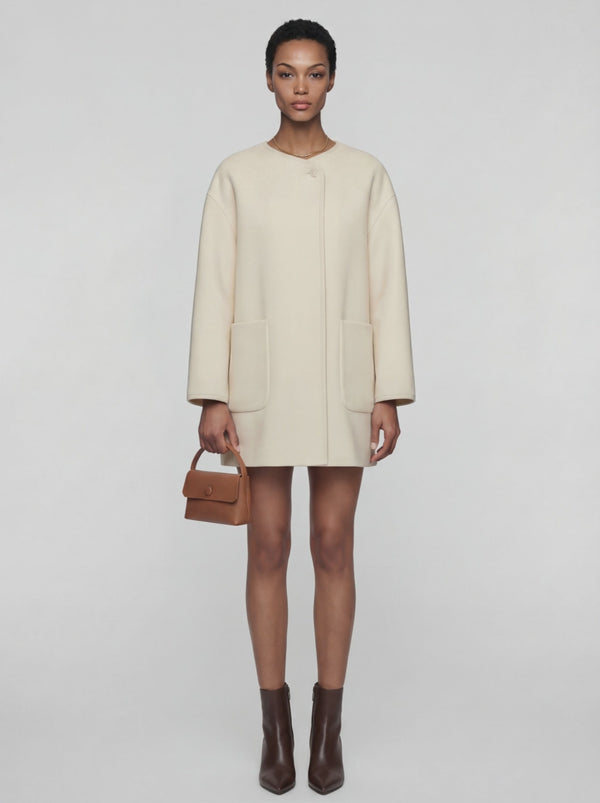 Asymmetric Single-Button Wool Coat