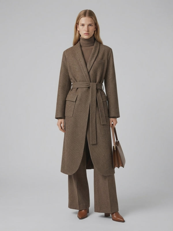 Herringbone Wool Belted Long Coat