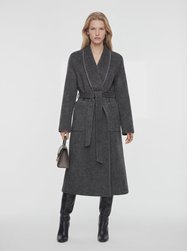 Belted Wool-Blend Long Coat with Vicuña