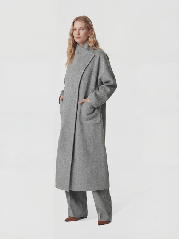 Draped Wool Long Coat